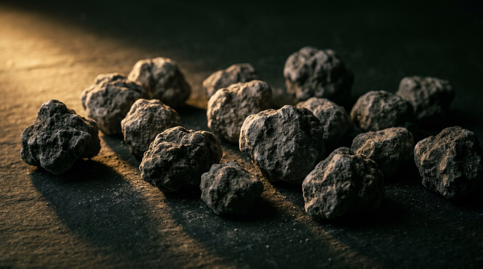 Cement clinker nodules lit by warm side light
