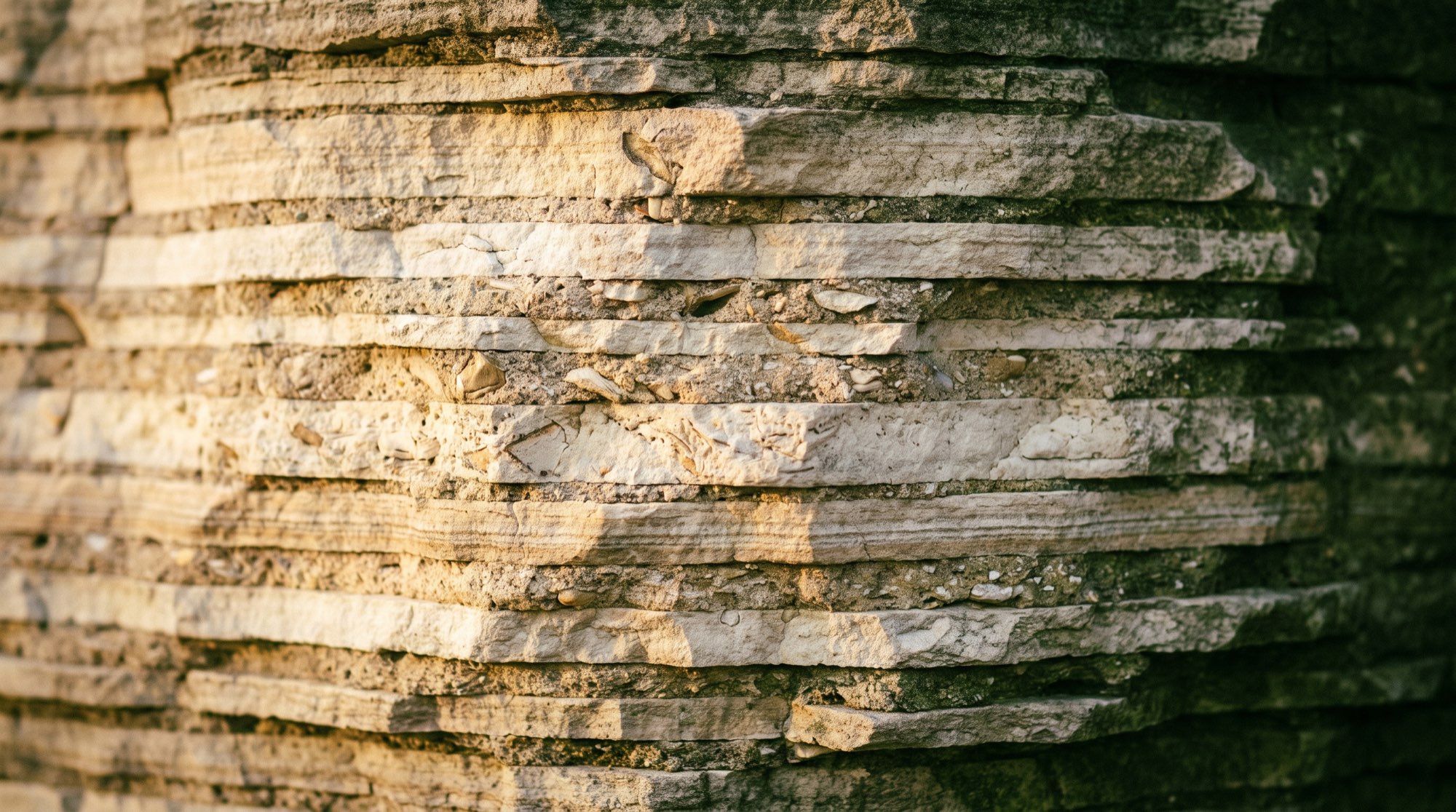 Layered ivory limestone strata in close detail